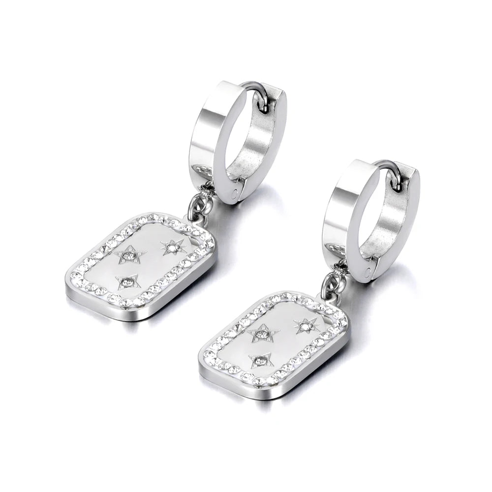 Titanium Stainless Steel Rhinestone Star Earrings Fashion Geometric Rectangle Hoop Earrings Jewelry for Women Girl E22075