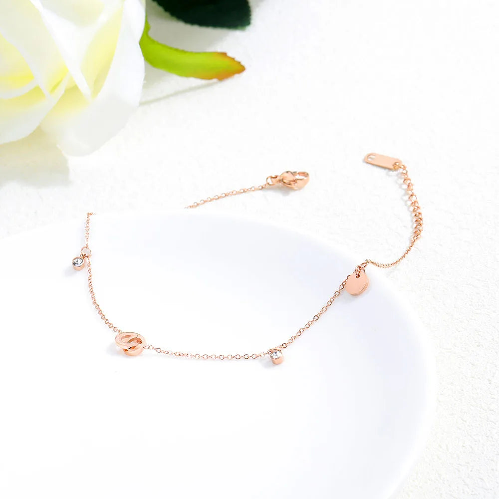 Titanium Steel Bohemia Beach Chain & Link Anklets for Women Girls Trendy CZ Crystal Roman Numerals Charm Anklet A19044