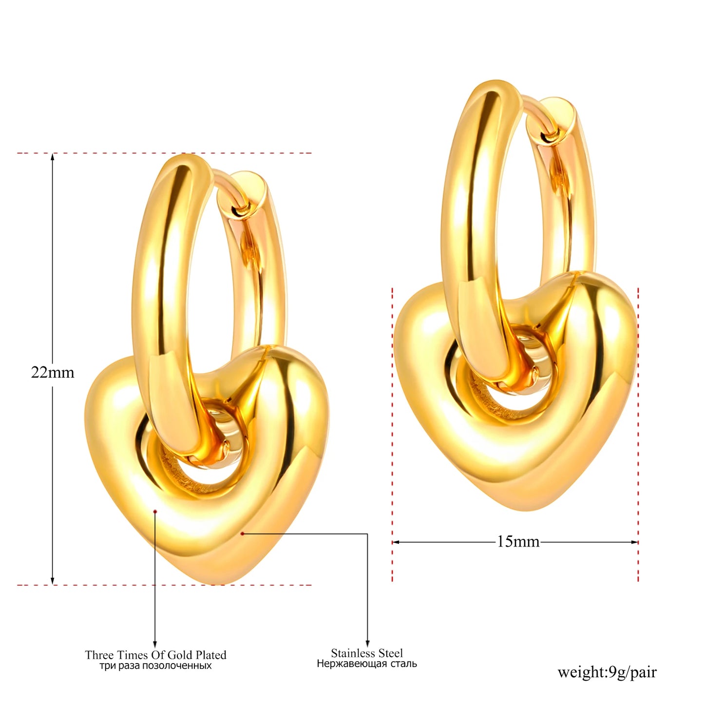 Heart Hoop Earrings for Women Girls 14K Gold Plated Stainless Steel Handmade High Polished Hoop Earrings Jewelry E22163