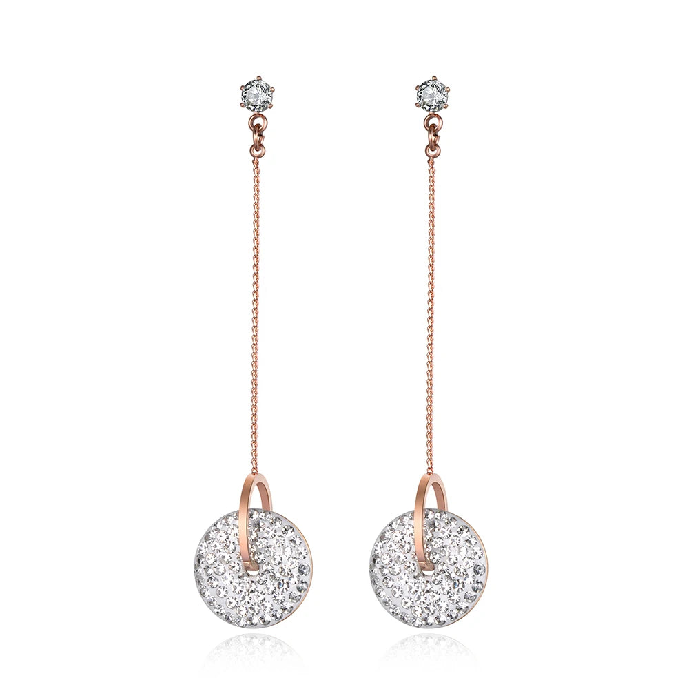 Bohemia Stainless Steel Double Circle Tassel Earrings Jewelry White/Black Shining Crystal Women Dangle Earrings E19115
