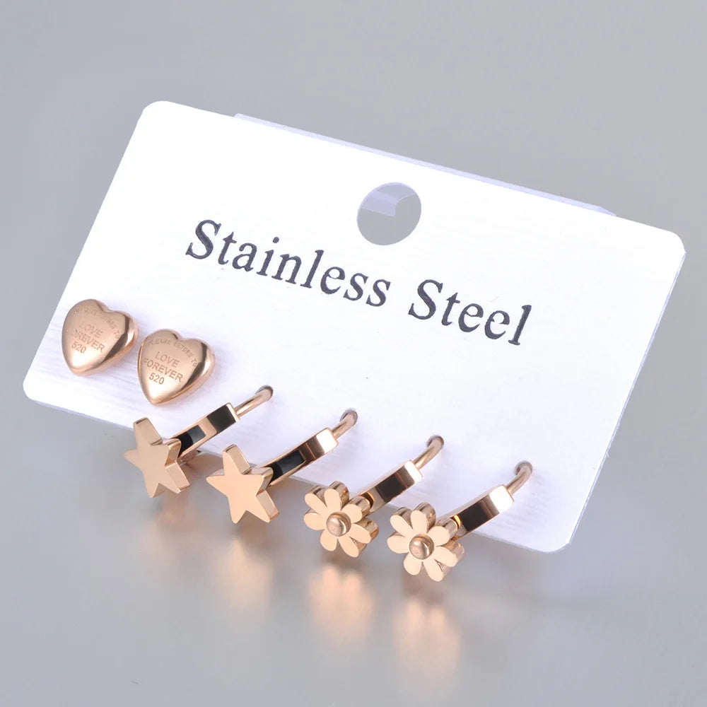 Trendy Titanium Stainless Steel Star Heart Flower Charm Earrings Jewelry 3Pair/Set Party Earrings for Women Girls E20222