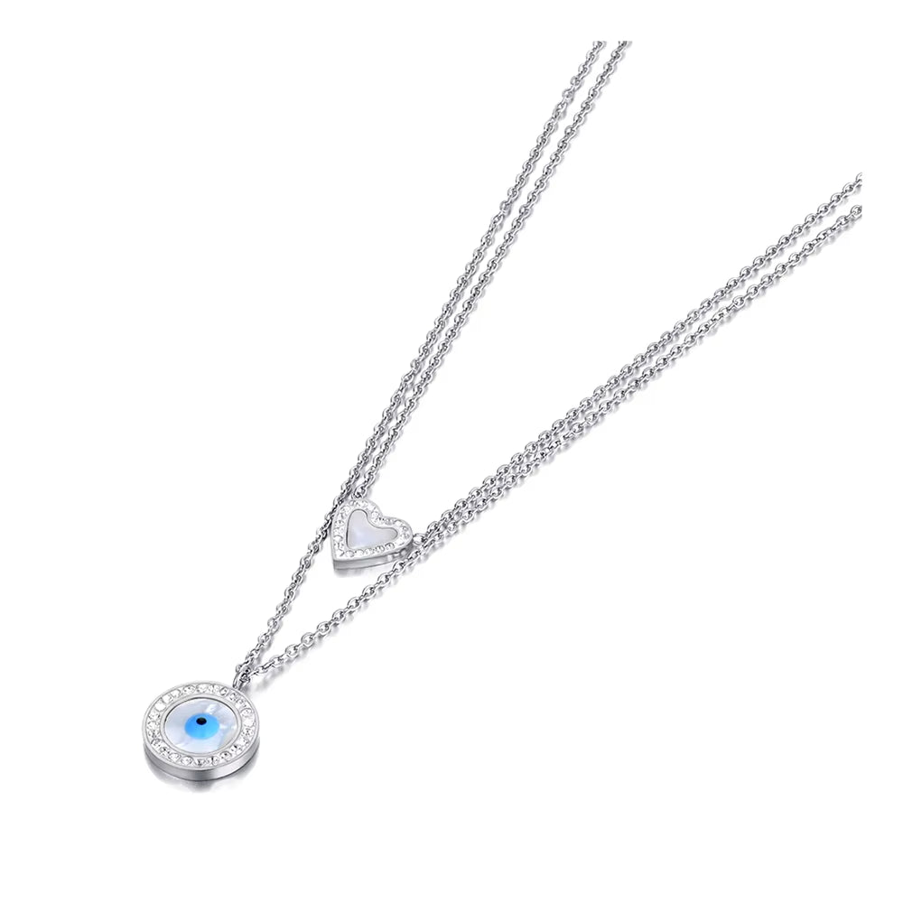 Titanium Stainless Steel Pendant Necklace Fashion Double Layer Heart Turkey Eye Charm Choker Necklace for Women N22062