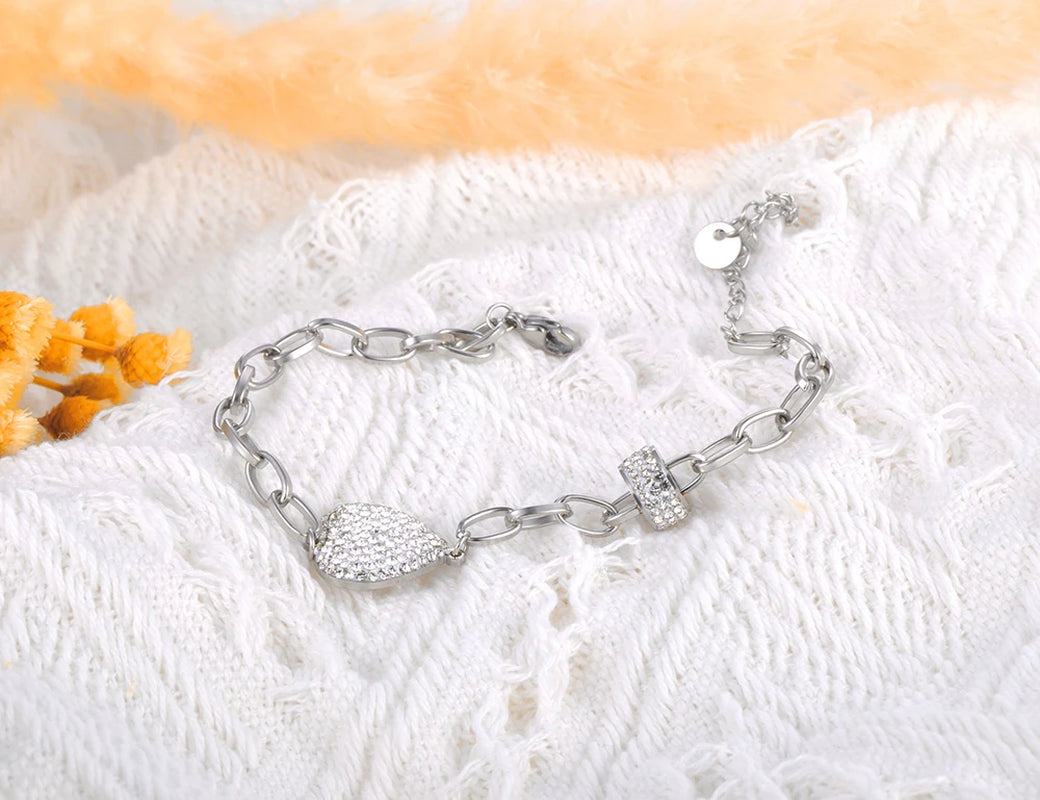 Sparkling White Rhinestone Heart Wedding Bracelets for Women Girls Stainless Steel Snake Chain Bracelet Браслеты B22105