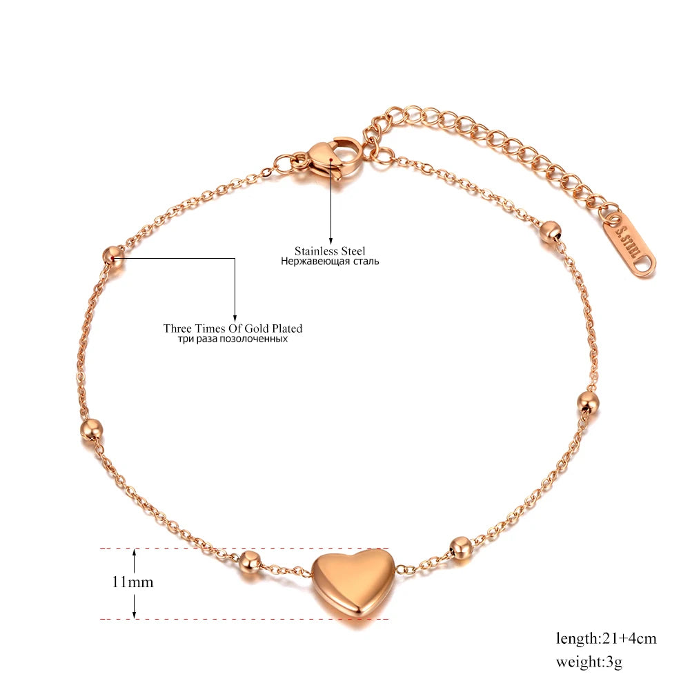 Fashion Bohemia Titanium Stainless Steel Heart Charm Anklets for Women Summer Beach Leg Bracelet Foot Jewelry A21002