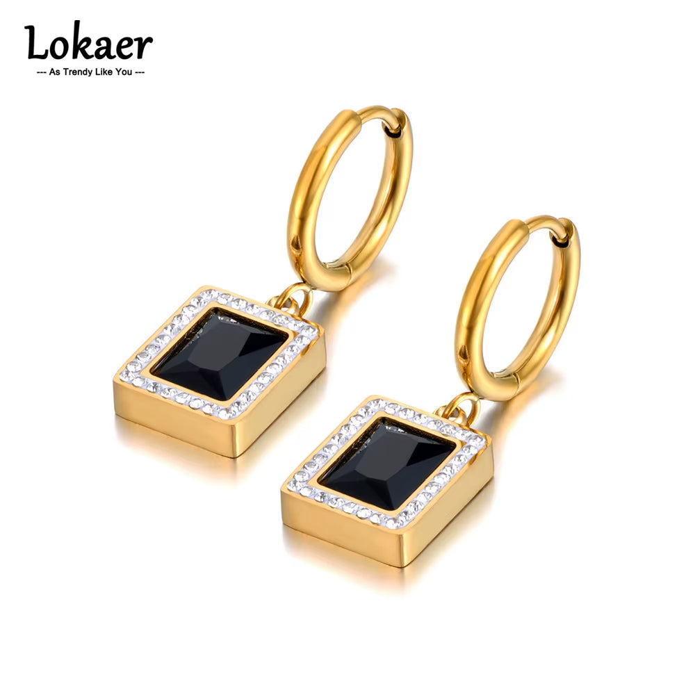Titanium Stainless Steel Geometric Square Hoop Earrings Trendy Black Green Clear Cubic Zirconia Earrings for Women E22093