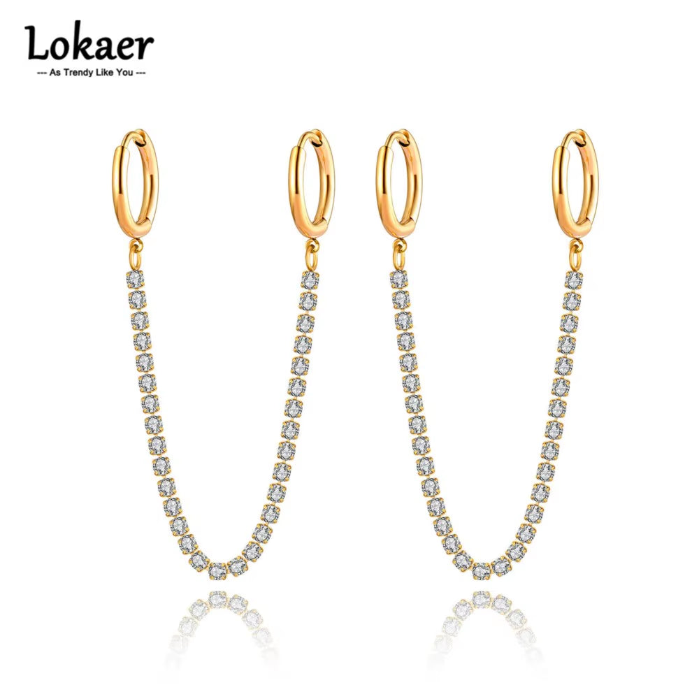 Sparkling Cubic Zirconia Crystal Hoop Earrings Jewelry for Women Girls Stainless Steel Long Tassel Earrings Серьги E22135