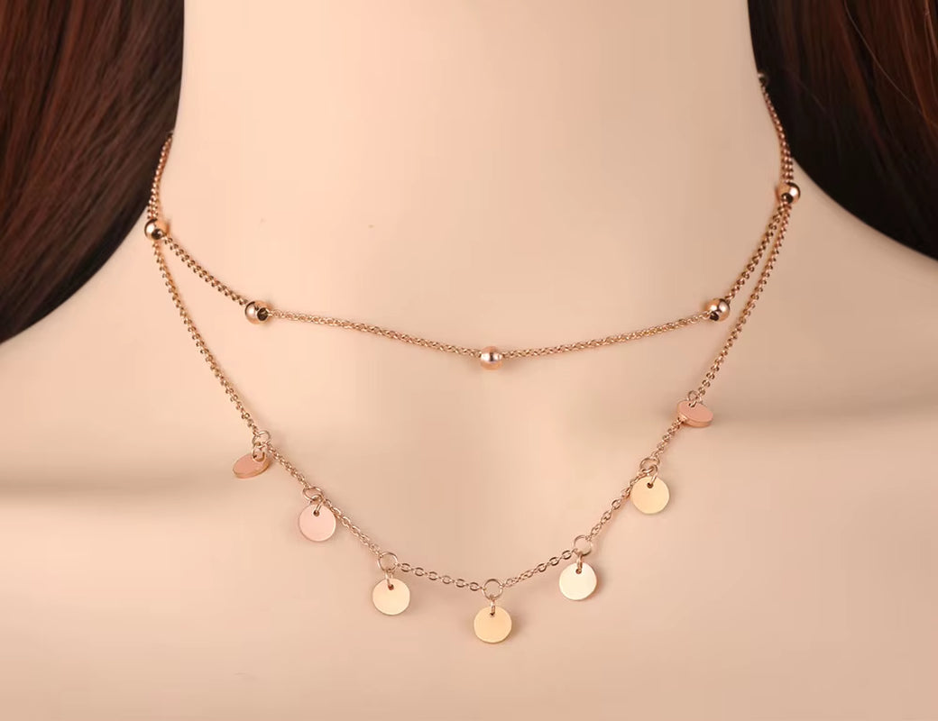 Trendy Bohemia Stainless Steel Double-Layer Charm Chain Choker Necklace Beach Jewelry Pendant Necklace for Women N19127