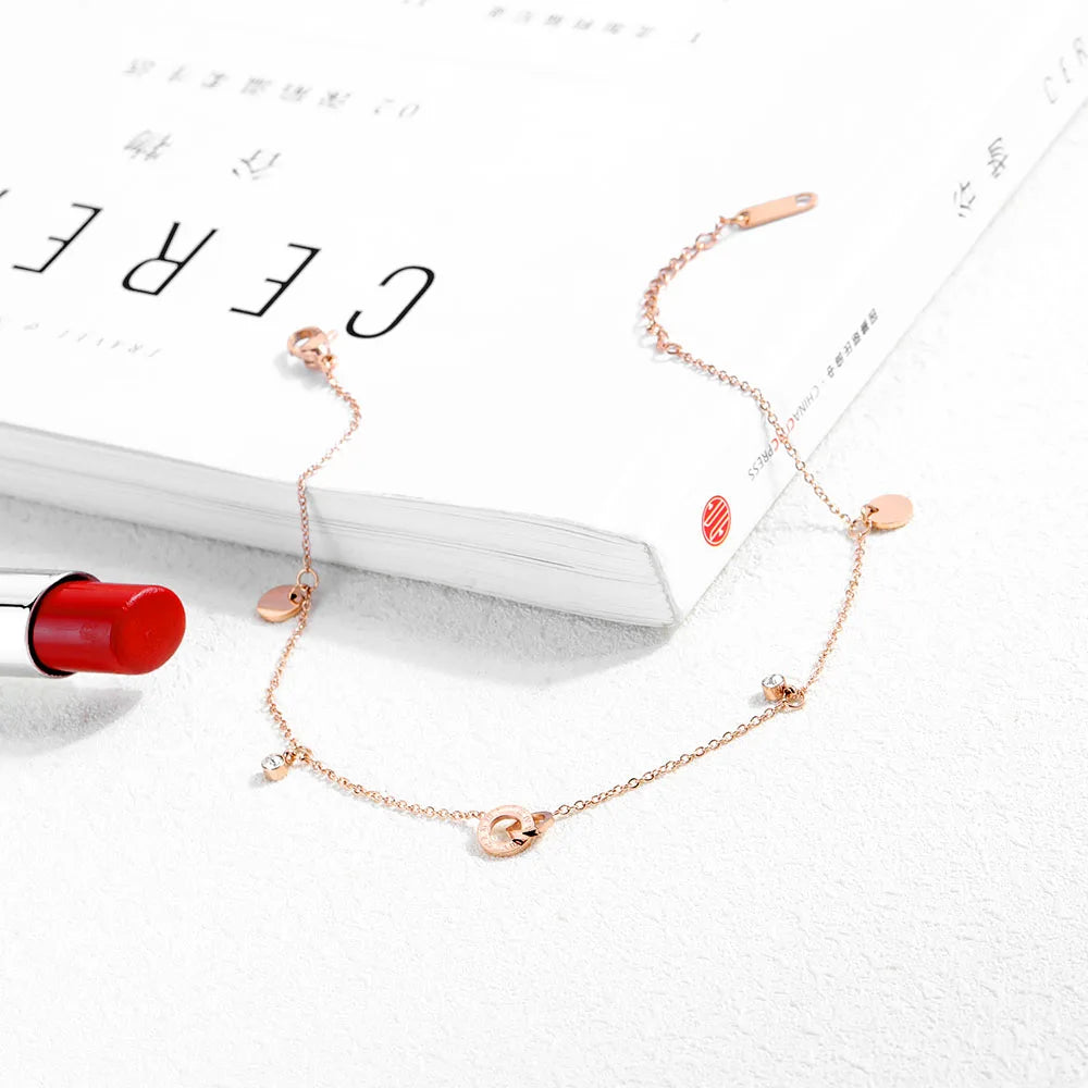 Titanium Steel Bohemia Beach Chain & Link Anklets for Women Girls Trendy CZ Crystal Roman Numerals Charm Anklet A19044