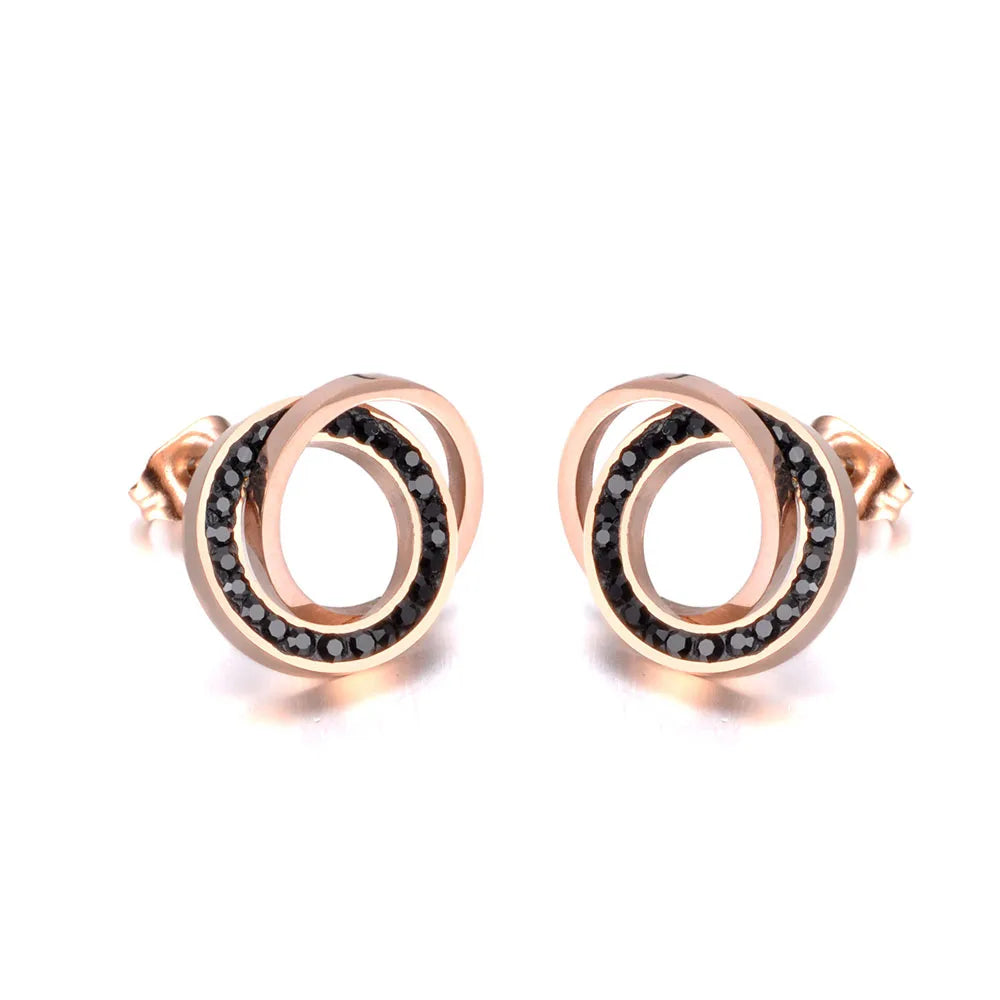 Trendy Stainless Steel Clay Crystal Double Circles Stud Earrings Jewelry Vintage Earrings for Women Girls E19091