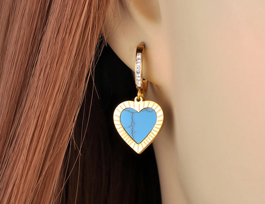 Trendy Titanium Stainless Steel Turquoise Heart Hoop Earring Classic Rhinestone Wedding Earrings Jewelry for Women E22065
