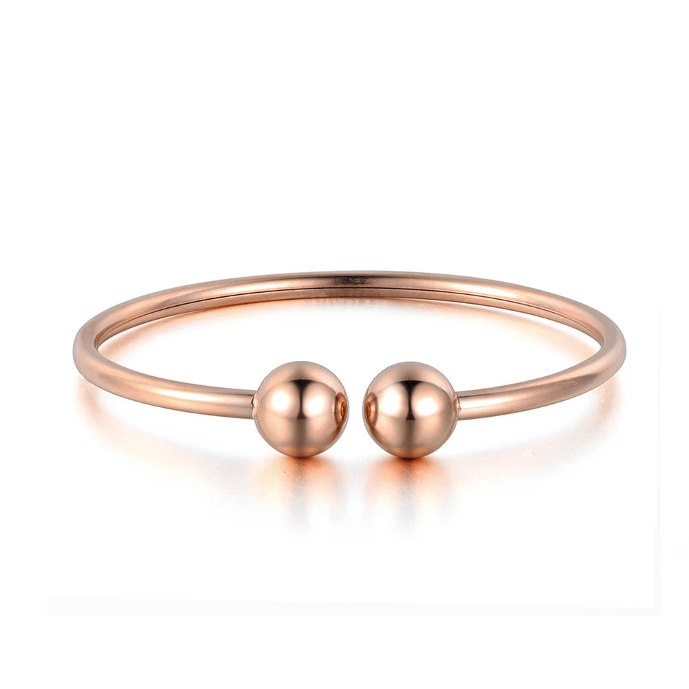 Stainless Steel Double Ball Open Cuff Bangles for Women Trendy Rose Gold Plated Party Jewelry B18027