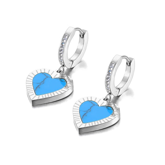 Trendy Titanium Stainless Steel Turquoise Heart Hoop Earring Classic Rhinestone Wedding Earrings Jewelry for Women E22065