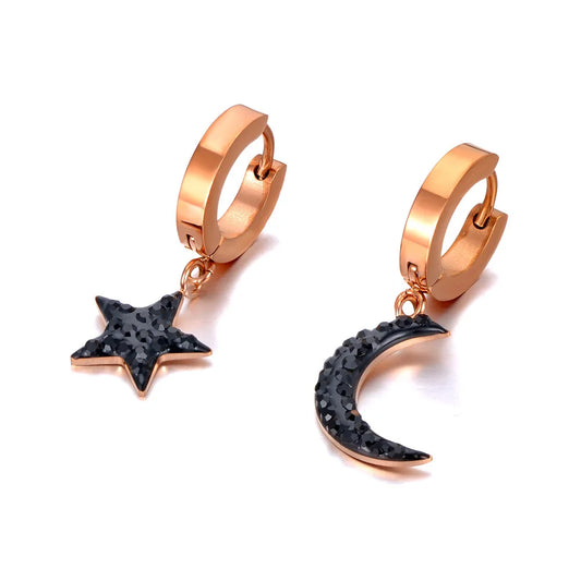 Trendy Titanium Stainless Steel Bohemia Star Moon Earrings Jewelry Office CZ Crystal Hoop Earrings for Women E20287