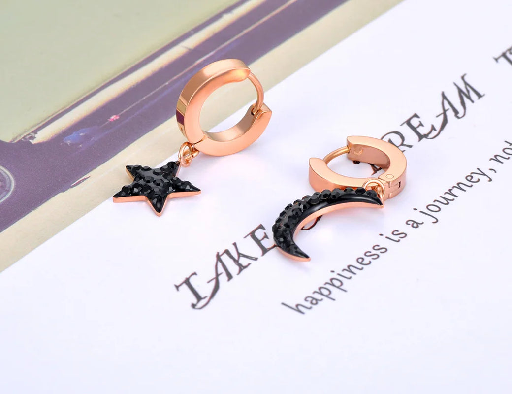 Trendy Titanium Stainless Steel Bohemia Star Moon Earrings Jewelry Office CZ Crystal Hoop Earrings for Women E20287