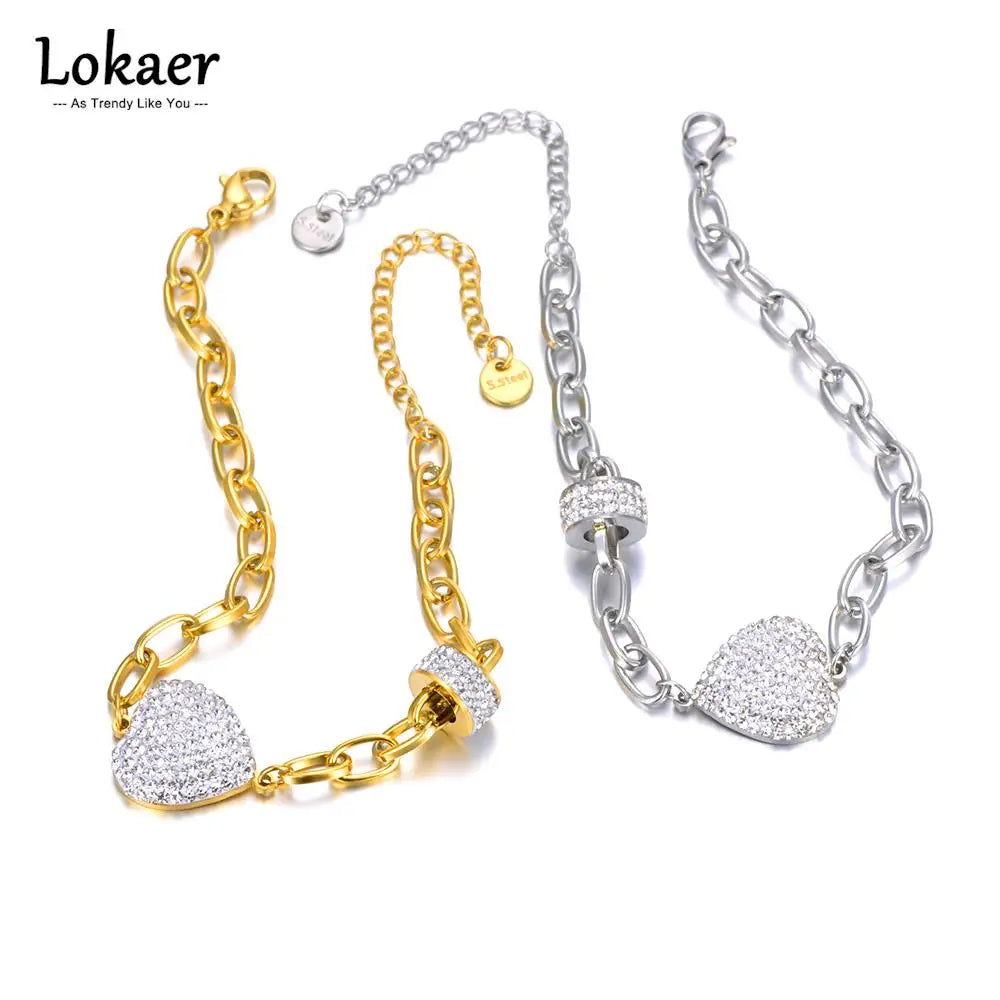 Sparkling White Rhinestone Heart Wedding Bracelets for Women Girls Stainless Steel Snake Chain Bracelet Браслеты B22105