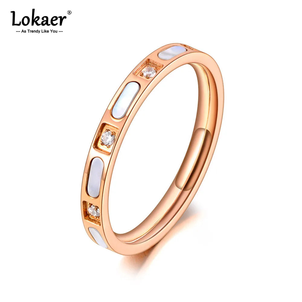 Titanium Stainless Steel Fine Brand White Shell Rings CZ Crystal Bridal Wedding Engagement Ring Jewelry for Women R20068