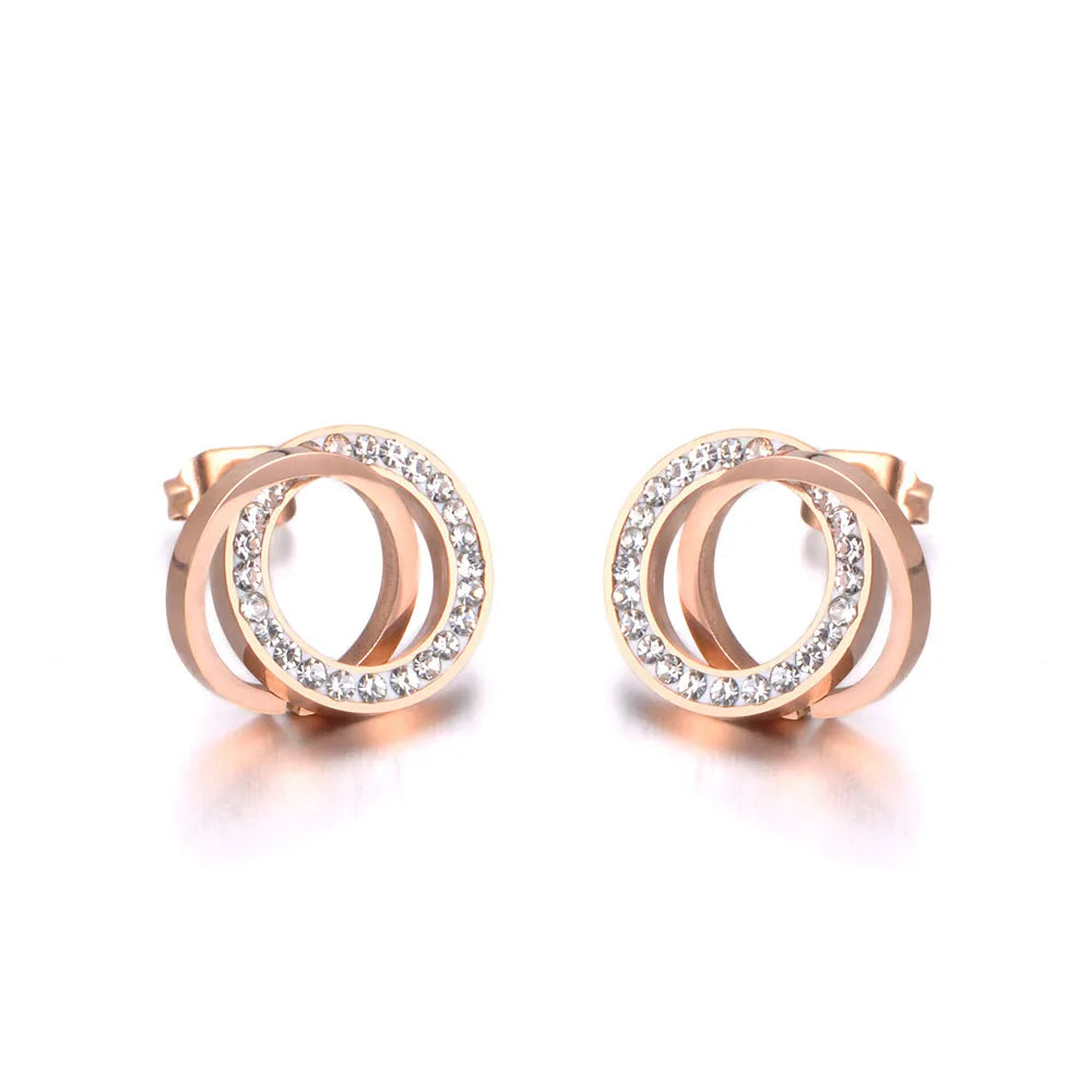 Trendy Stainless Steel Clay Crystal Double Circles Stud Earrings Jewelry Vintage Earrings for Women Girls E19091