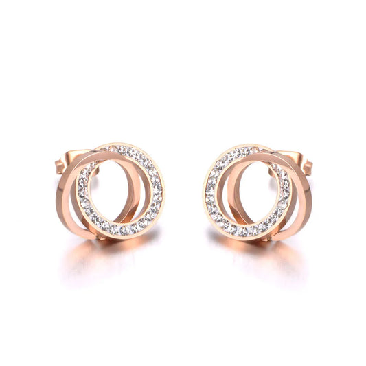 Trendy Stainless Steel Clay Crystal Double Circles Stud Earrings Jewelry Vintage Earrings for Women Girls E19091