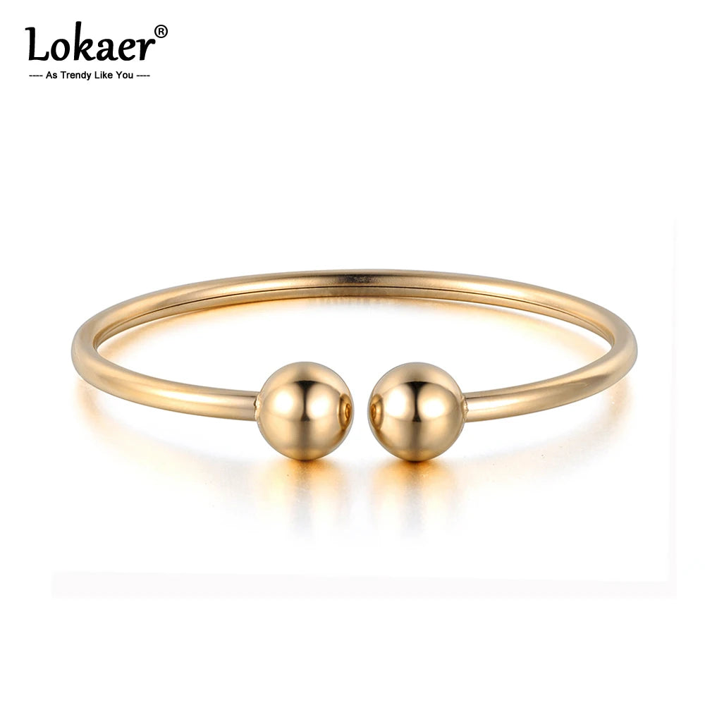 Stainless Steel Double Ball Open Cuff Bangles for Women Trendy Rose Gold Plated Party Jewelry B18027
