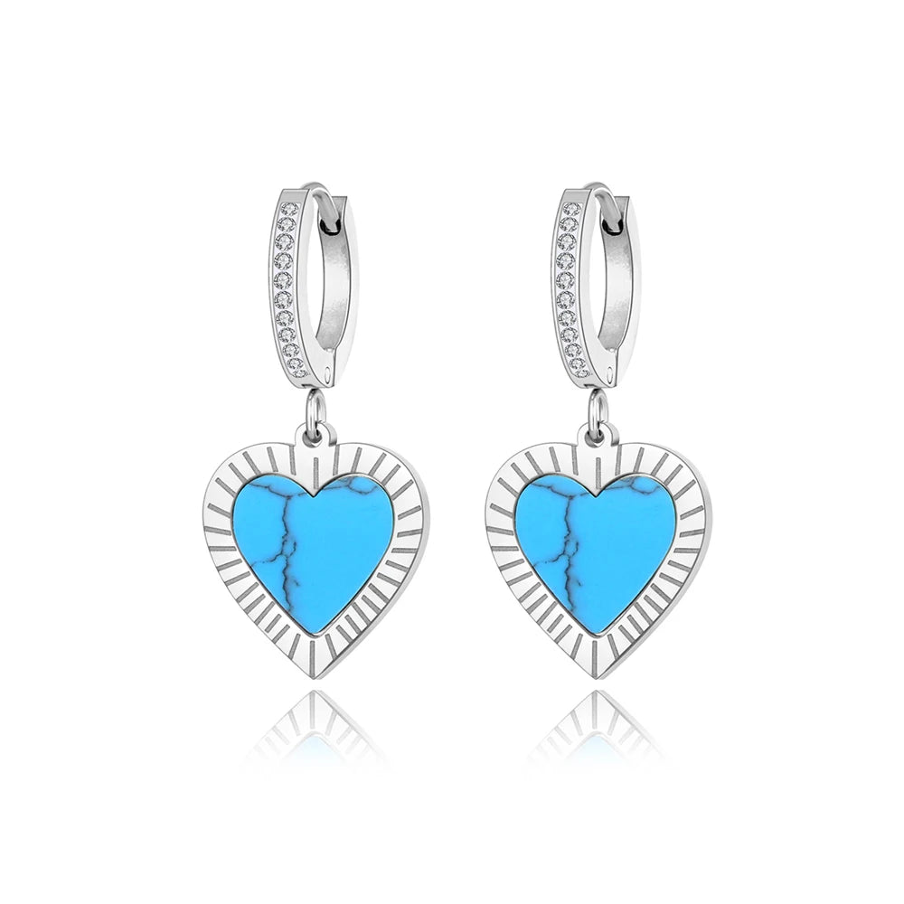 Trendy Titanium Stainless Steel Turquoise Heart Hoop Earring Classic Rhinestone Wedding Earrings Jewelry for Women E22065
