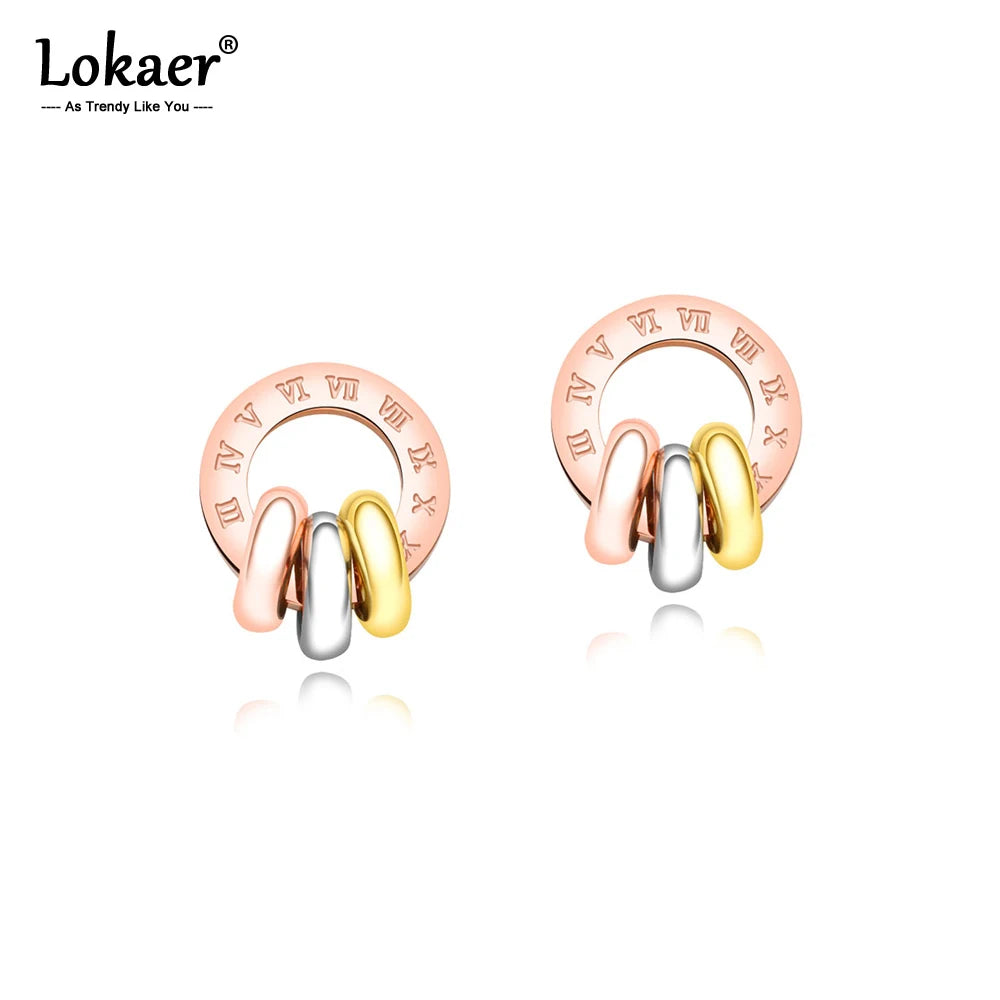 Three-Color Circle Roman Numerals Circle Earrings for Women Titanium Steel Rose Gold Color Female Stud Earrings E17091