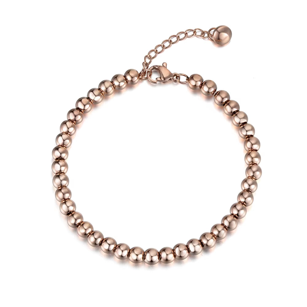 Classic Rose Gold Color 4/5/6Mm round Beads Strand Bracelets Bangle Stainless Steel Link Chain Bracelet for Women B18023