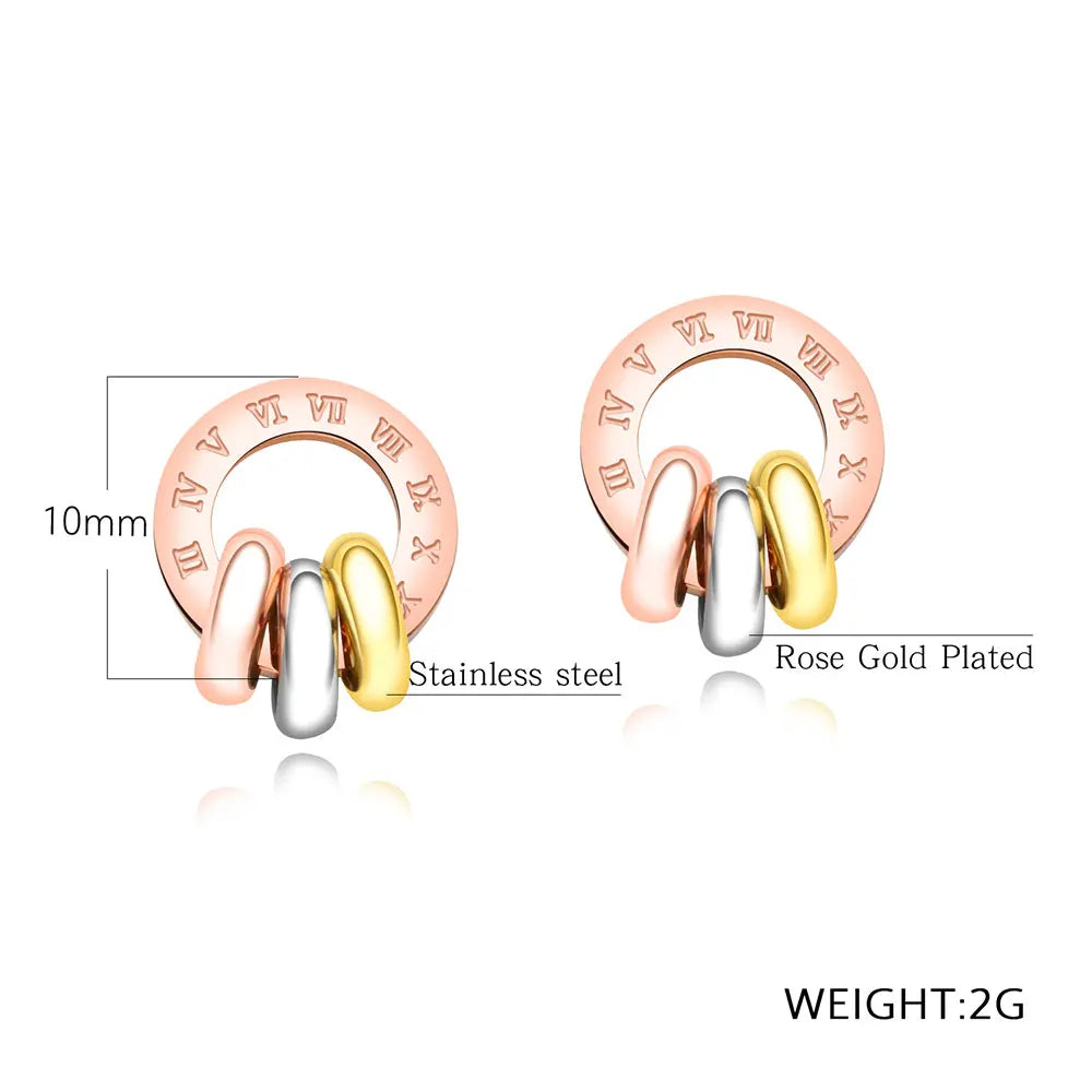 Three-Color Circle Roman Numerals Circle Earrings for Women Titanium Steel Rose Gold Color Female Stud Earrings E17091