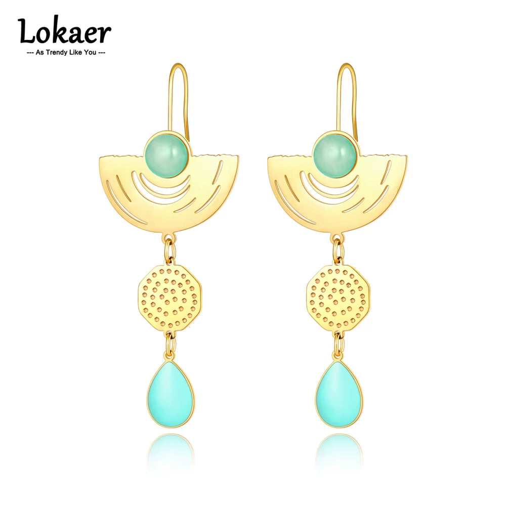 Vintage Stainless Steel Geometry Opals Dangle Earrings 18K Gold Plated Bohemia Party Earrings for Women Girls E22068