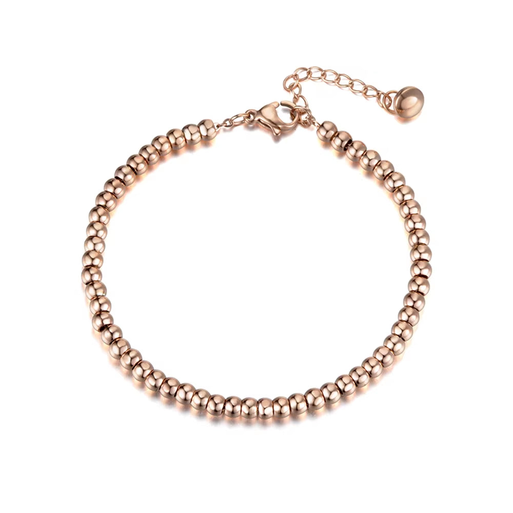 Classic Rose Gold Color 4/5/6Mm round Beads Strand Bracelets Bangle Stainless Steel Link Chain Bracelet for Women B18023