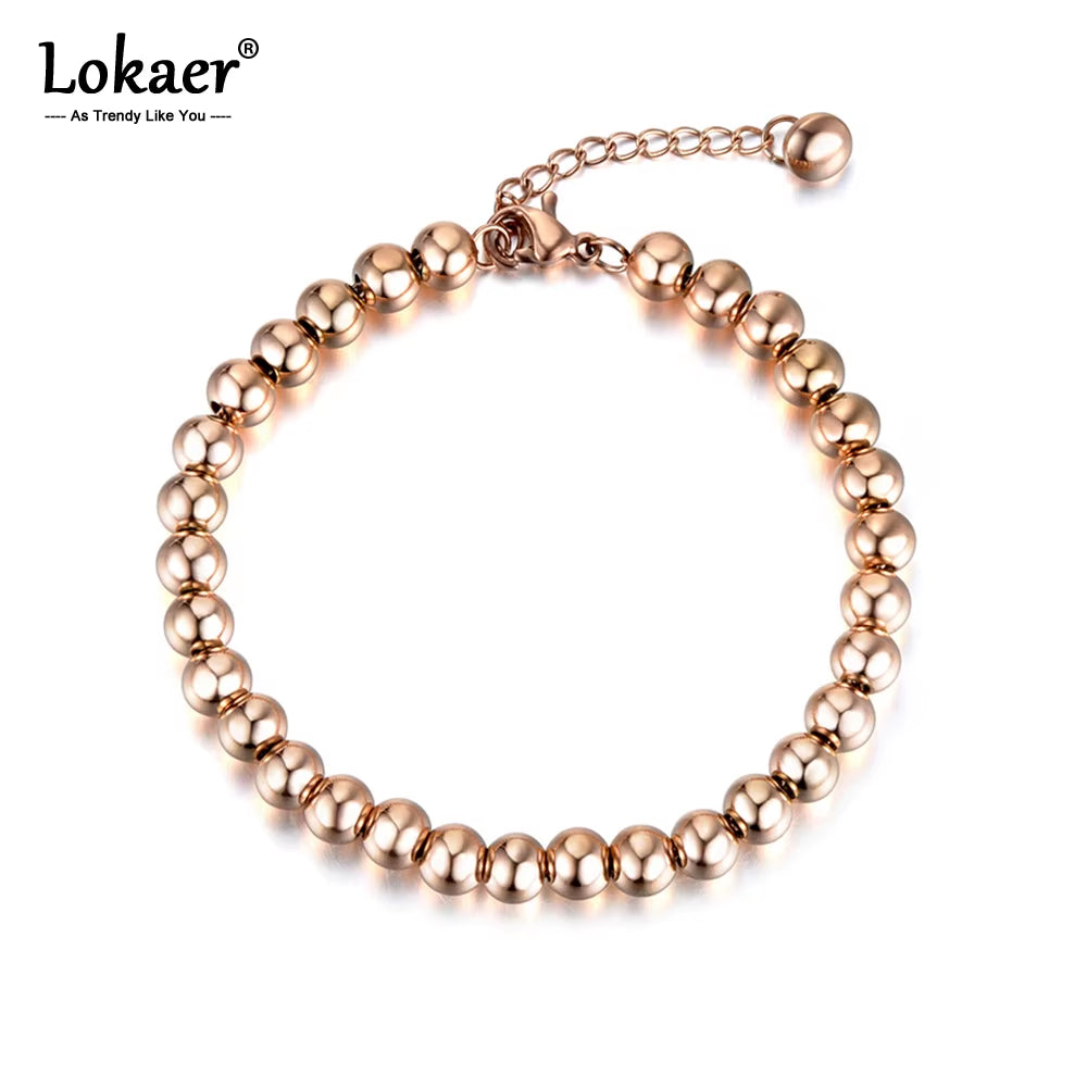 Classic Rose Gold Color 4/5/6Mm round Beads Strand Bracelets Bangle Stainless Steel Link Chain Bracelet for Women B18023