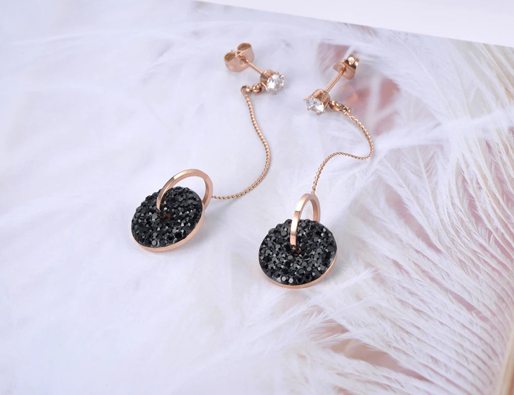 Bohemia Stainless Steel Double Circle Tassel Earrings Jewelry White/Black Shining Crystal Women Dangle Earrings E19115