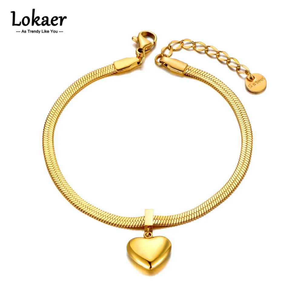 18K Gold Plated Heart Charm Bracelets for Women Girls Stainless Steel Snake Chain Bracelet Jewelry Pulseras Mujer B22090