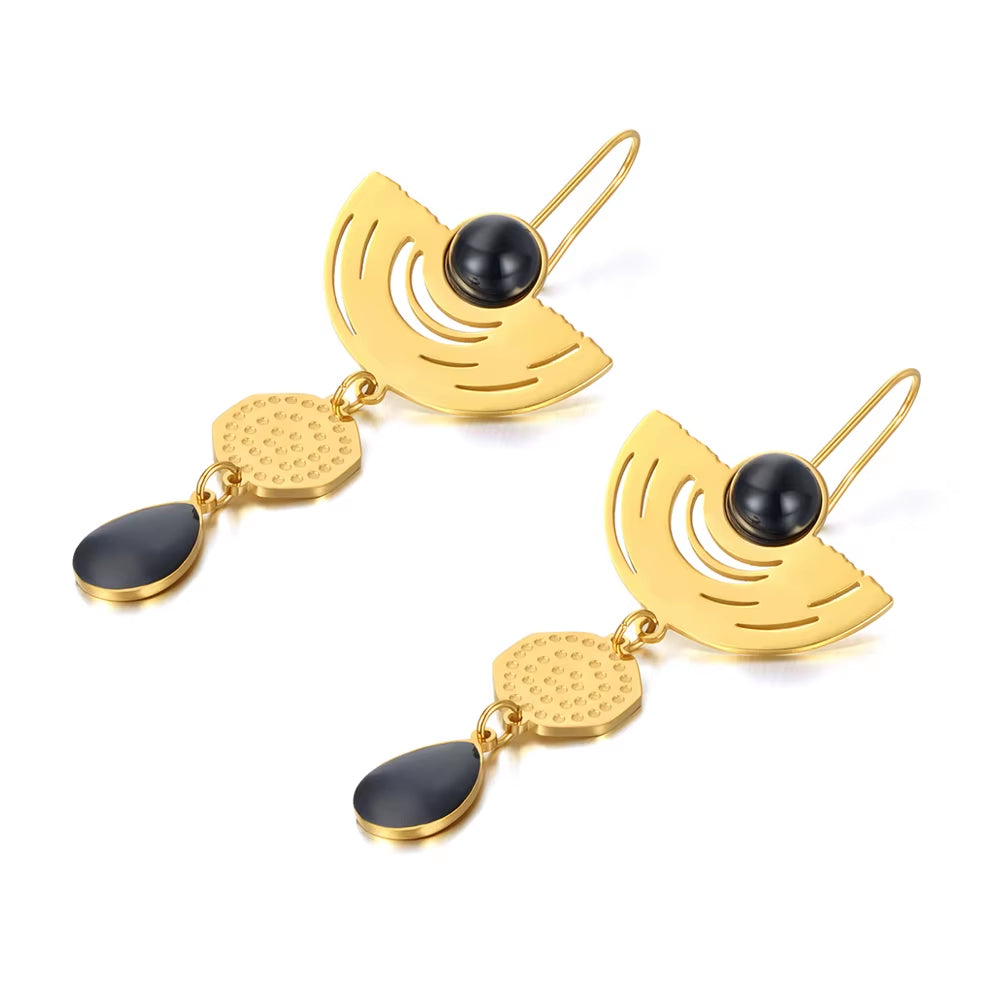 Vintage Stainless Steel Geometry Opals Dangle Earrings 18K Gold Plated Bohemia Party Earrings for Women Girls E22068