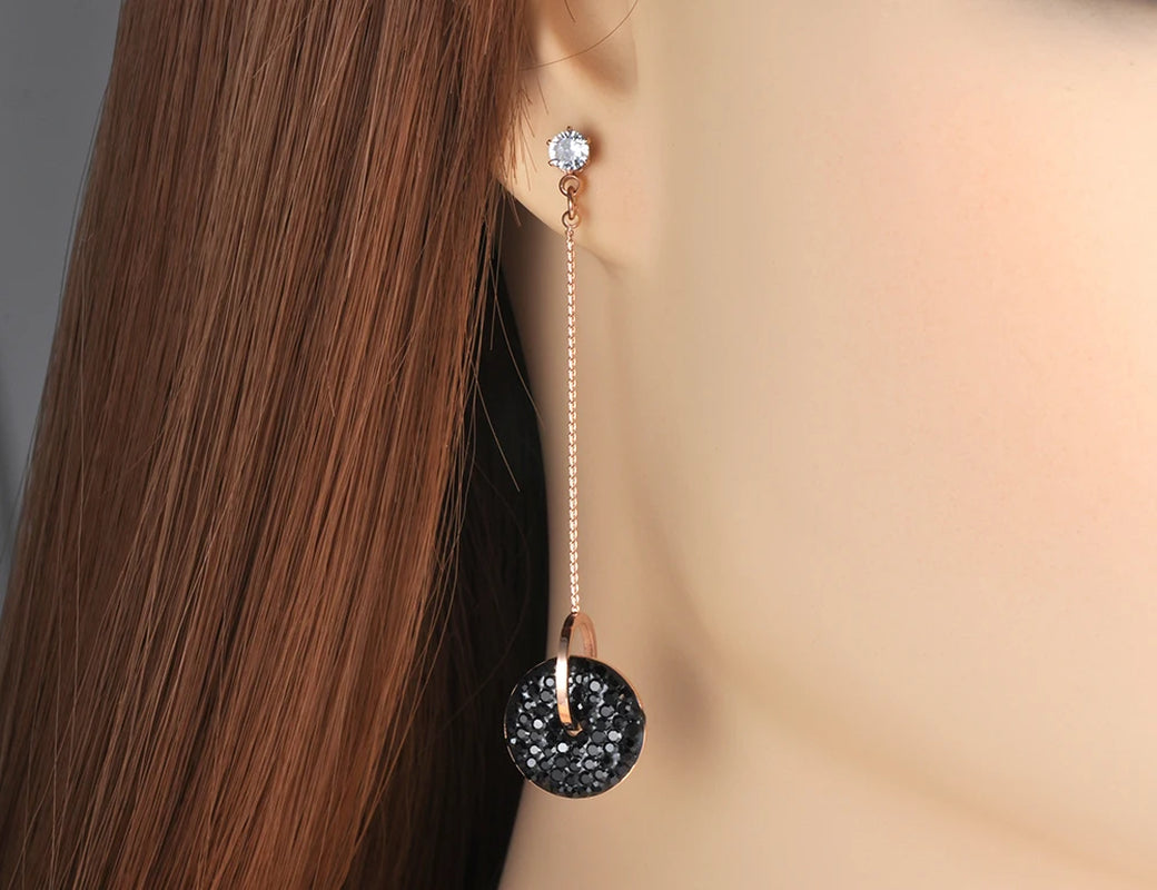 Bohemia Stainless Steel Double Circle Tassel Earrings Jewelry White/Black Shining Crystal Women Dangle Earrings E19115