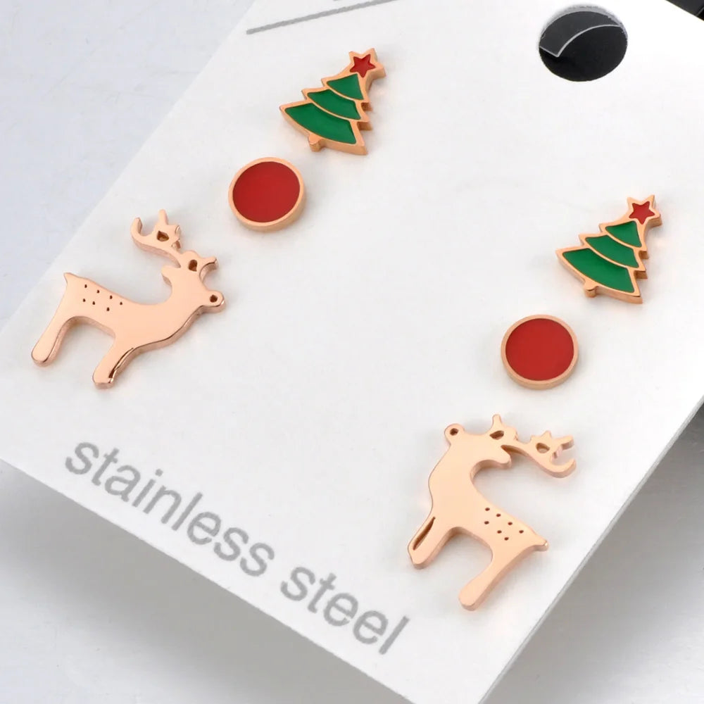 Trendy Titanium Stainless Steel Christmas Tree Reindeer Earrings 3Pair/Set CZ Crystal Earrings for Christmas Gifts E20163