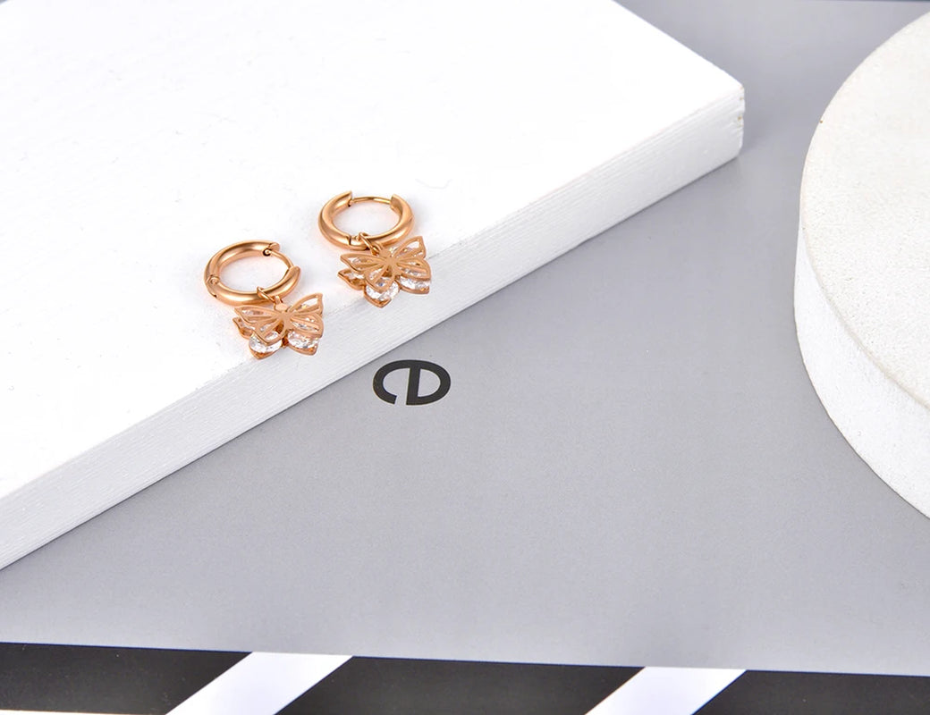 Original Design CZ Crystal Butterfly Hoop Earrings Stainless Steel Trendy Animal Earrings Jewelry for Women Girls E20127