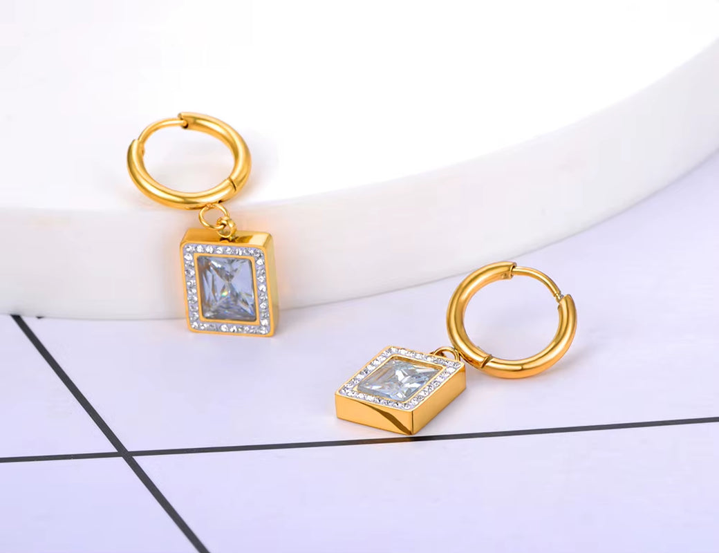 Titanium Stainless Steel Geometric Square Hoop Earrings Trendy Black Green Clear Cubic Zirconia Earrings for Women E22093