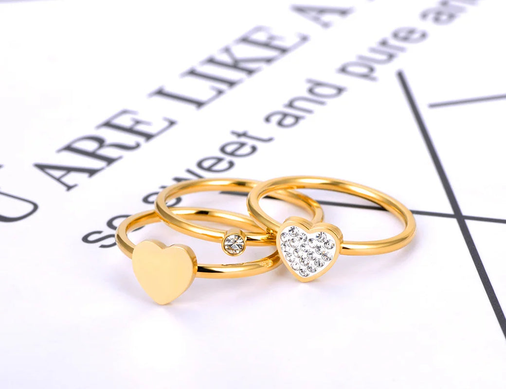 Trendy 3 in 1 Mosaic CZ Crystal Love Heart Rings Jewelry Stainless Steel Wedding Engagement Ring for Women Girls R21032
