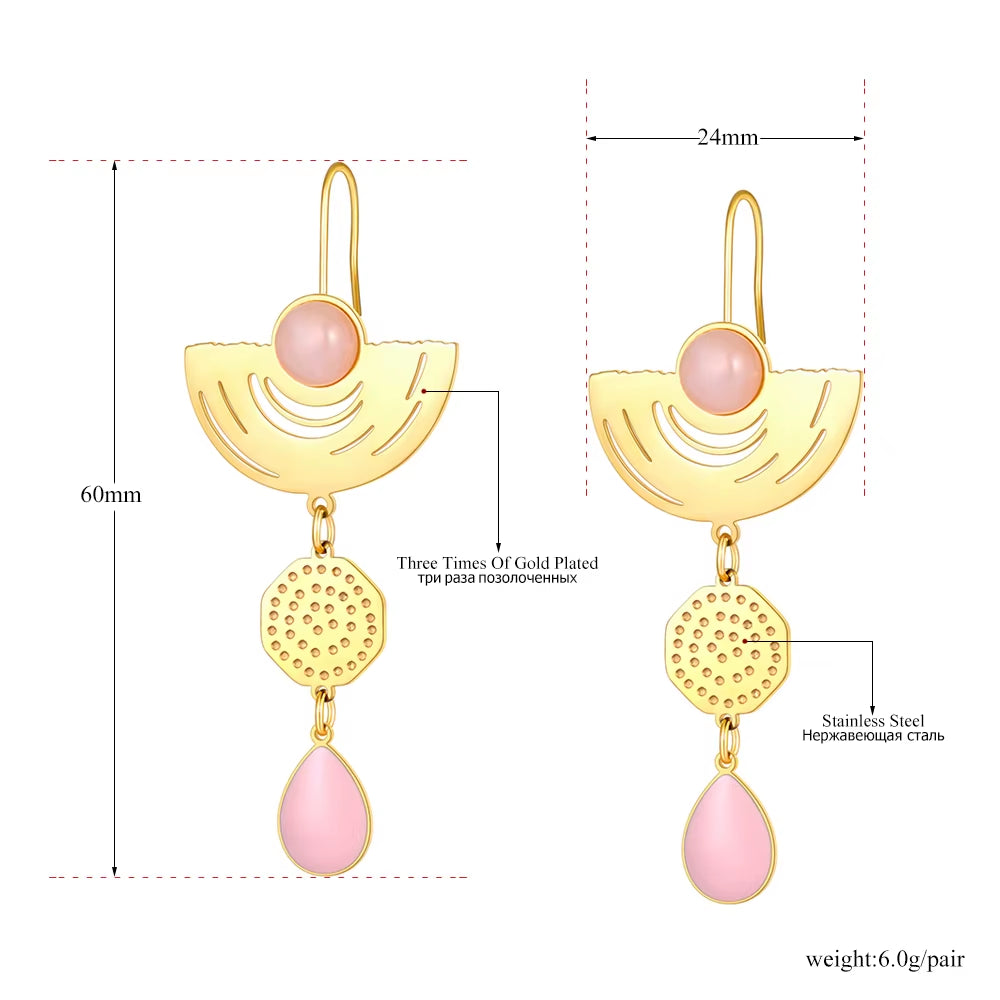 Vintage Stainless Steel Geometry Opals Dangle Earrings 18K Gold Plated Bohemia Party Earrings for Women Girls E22068