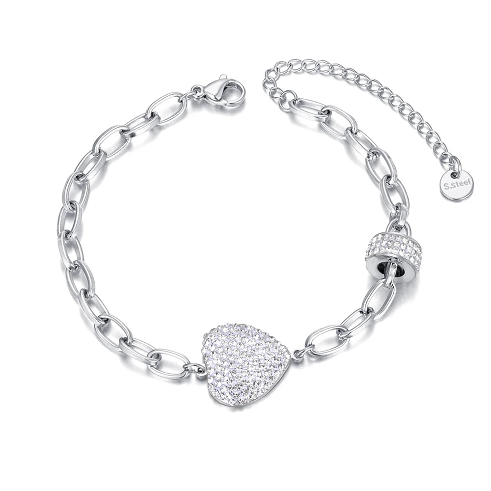 Sparkling White Rhinestone Heart Wedding Bracelets for Women Girls Stainless Steel Snake Chain Bracelet Браслеты B22105