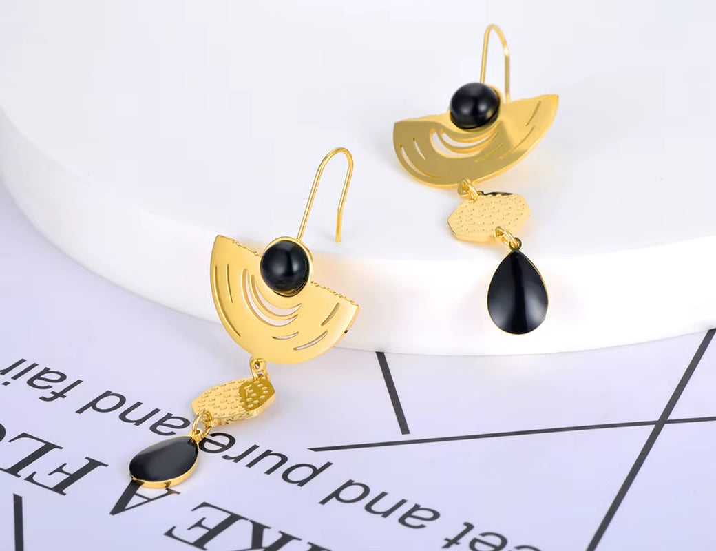 Vintage Stainless Steel Geometry Opals Dangle Earrings 18K Gold Plated Bohemia Party Earrings for Women Girls E22068