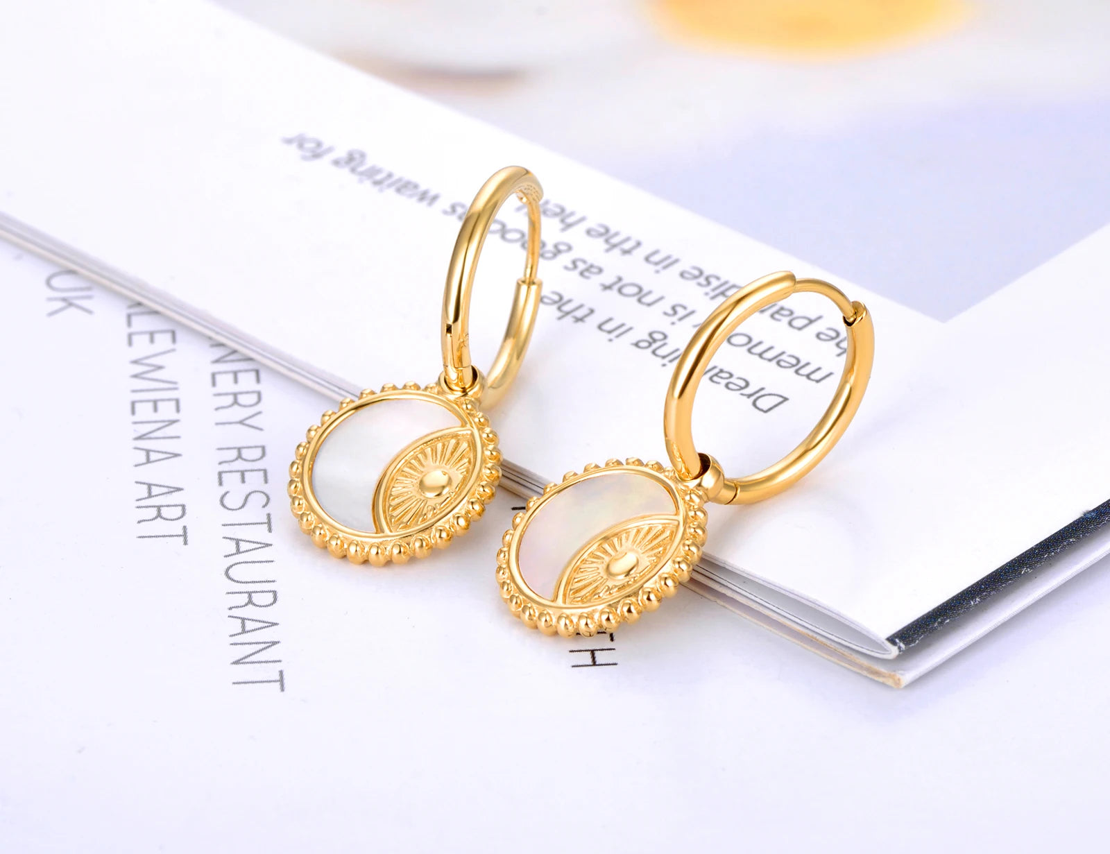 14K Gold Plated Hoop Earrings for Women Girl Stainless Steel Sun Moon Charm Hoop Earrings Jewelry Pendientes Mujer E22166