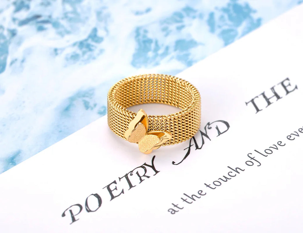 Trendy Titanium Stainless Steel Butterfly Animal Ring Gold Plated Bohemia Party Rings Jewelry for Women Кольца R21009