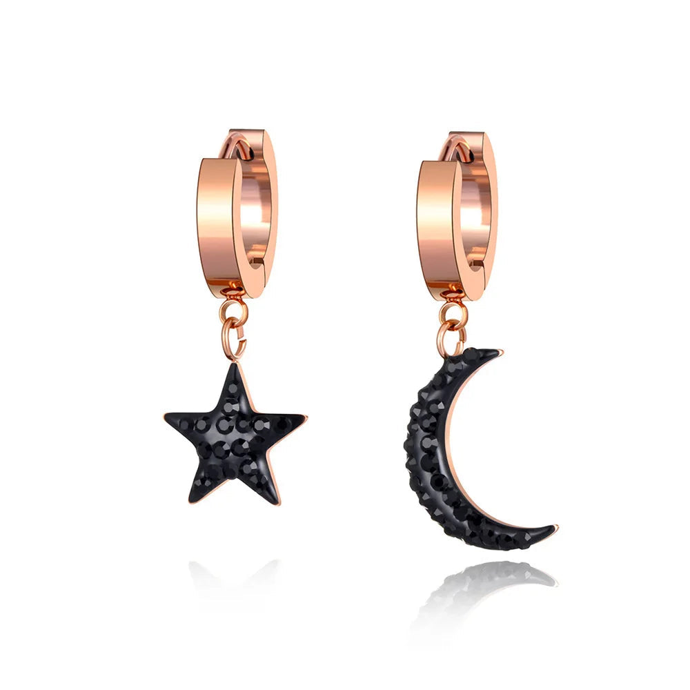 Trendy Titanium Stainless Steel Bohemia Star Moon Earrings Jewelry Office CZ Crystal Hoop Earrings for Women E20287