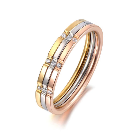 Trendy 3 in 1 Gold Color Mosaic CZ Crystal Rings Jewelry Titanium Steel Wedding Engagement Ring for Women Girls R19055
