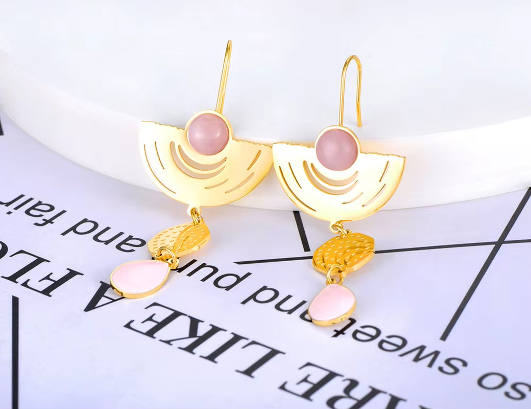 Vintage Stainless Steel Geometry Opals Dangle Earrings 18K Gold Plated Bohemia Party Earrings for Women Girls E22068
