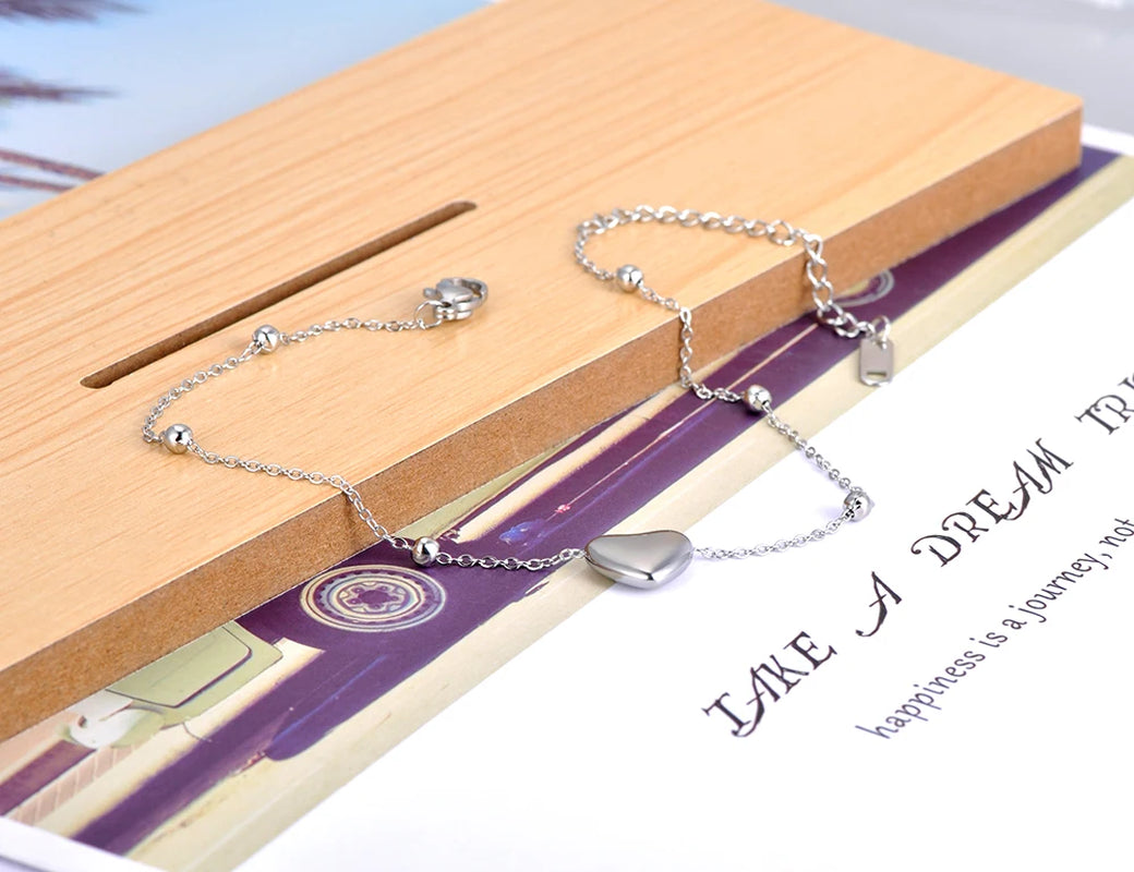 Fashion Bohemia Titanium Stainless Steel Heart Charm Anklets for Women Summer Beach Leg Bracelet Foot Jewelry A21002
