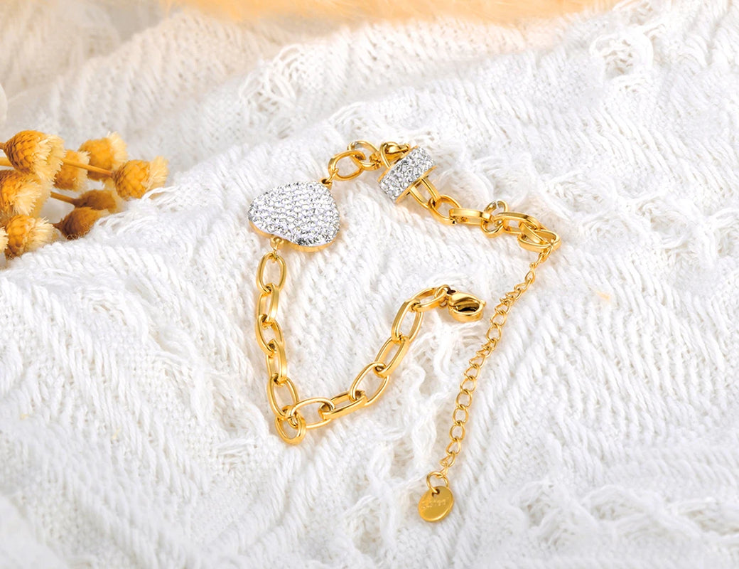 Sparkling White Rhinestone Heart Wedding Bracelets for Women Girls Stainless Steel Snake Chain Bracelet Браслеты B22105