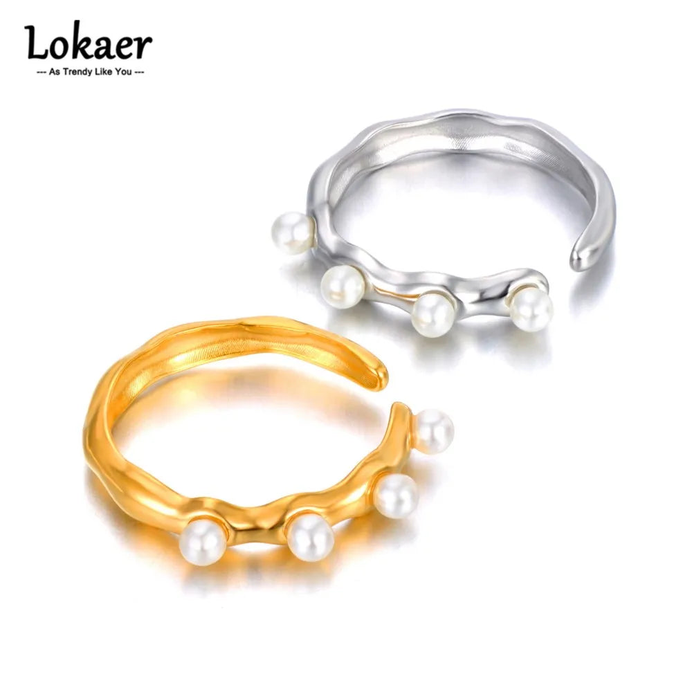 Fashion White Simulated Pearl Open Rings Jewelry for Women Girl Stainless Steel Bohemia Party Ring Женские Кольца R22032