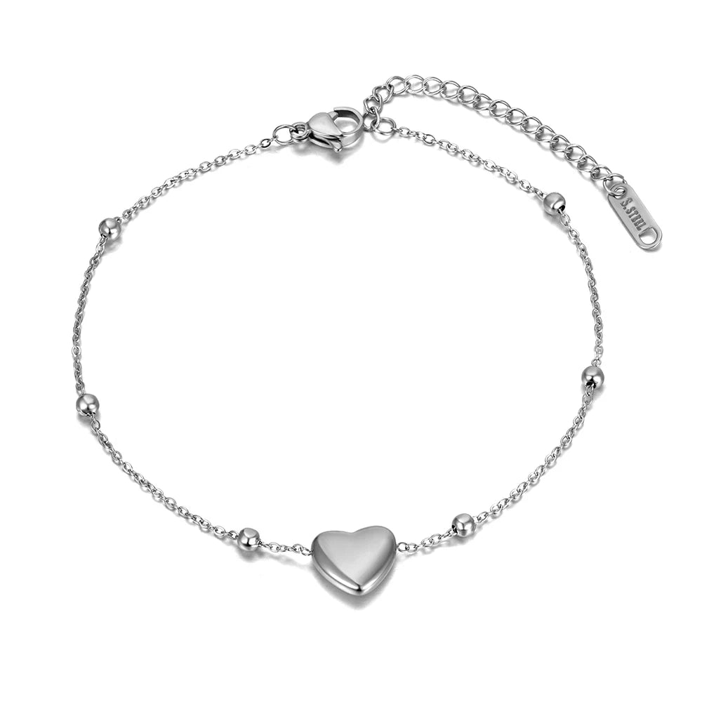 Fashion Bohemia Titanium Stainless Steel Heart Charm Anklets for Women Summer Beach Leg Bracelet Foot Jewelry A21002